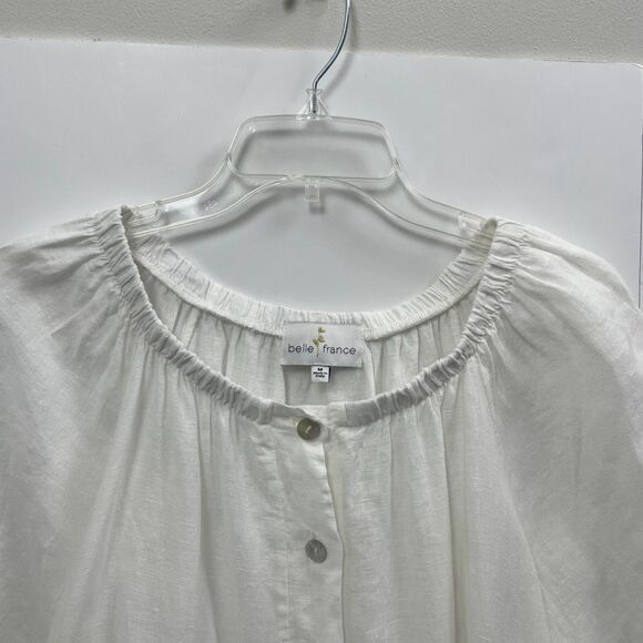 Belle France Boho White Linen Top with Lace Trim 3/4 Sleeve Boxy Sz Medium Italy - Picture 3 of 7